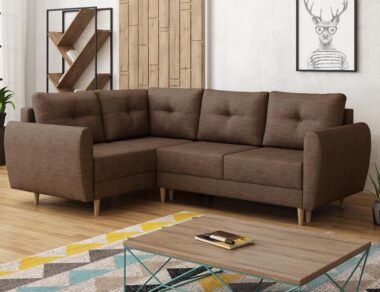 Narożnik z funkcją spania Manstad L lewy z pojemnikiem na pościel brązowa plecionka