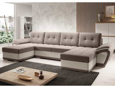 Narożnik z funkcją spania Enzo U-kształtny z pojemnikiem na pościel beżowy z beżową ekoskórą