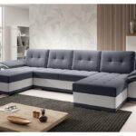 Narożnik z funkcją spania Enzo U-kształtny z pojemnikiem na pościel grafitowy z białą ekoskórą