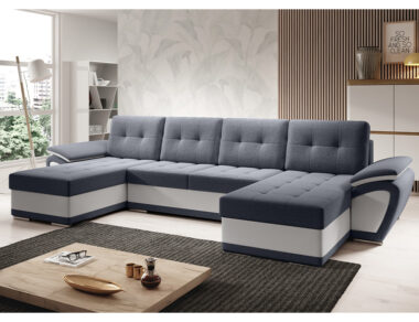 Narożnik z funkcją spania Enzo U-kształtny z pojemnikiem na pościel grafitowy z białą ekoskórą