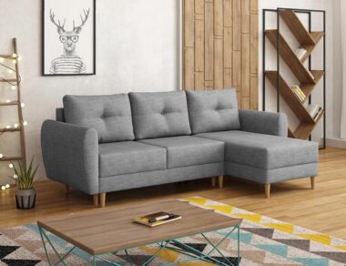 Narożnik z funkcją spania Manstad prawy L-kształtny z pojemnikiem na pościel szara plecionka