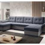 Narożnik z funkcją spania Enzo U-kształtny z pojemnikiem na pościel grafitowy z szarą ekoskórą