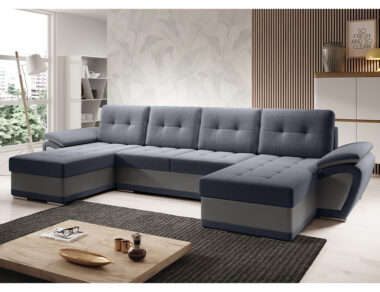 Narożnik z funkcją spania Enzo U-kształtny z pojemnikiem na pościel grafitowy z szarą ekoskórą