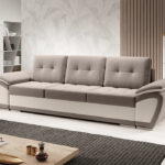 Kanapa z funkcją spania Enzo z pojemnikiem na pościel beżowy welur z beżową ekoskórą