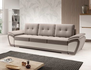 Kanapa z funkcją spania Enzo z pojemnikiem na pościel beżowy welur z beżową ekoskórą