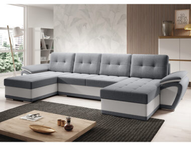 Narożnik z funkcją spania Enzo U-kształtny z pojemnikiem na pościel szary z białą ekoskórą