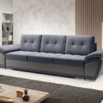 Kanapa z funkcją spania Enzo z pojemnikiem na pościel grafitowy welur z szarą ekoskórą