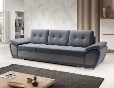 Kanapa z funkcją spania Enzo z pojemnikiem na pościel grafitowy welur z szarą ekoskórą