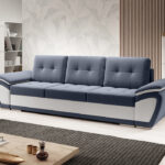 Kanapa z funkcją spania Enzo z pojemnikiem na pościel granatowy welur z białą ekoskórą