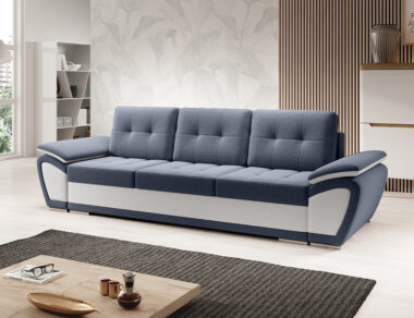 Kanapa z funkcją spania Enzo z pojemnikiem na pościel granatowy welur z białą ekoskórą