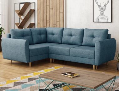 Narożnik z funkcją spania Manstad L lewy z pojemnikiem na pościel niebieska plecionka