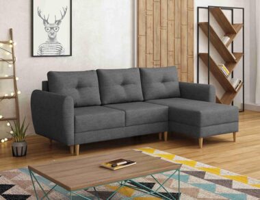 Narożnik z funkcją spania Manstad prawy L-kształtny z pojemnikiem na pościel ciemnoszara plecionka