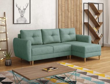 Narożnik z funkcją spania Manstad prawy L-kształtny z pojemnikiem na pościel miętowa plecionka