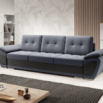 Kanapa z funkcją spania Enzo z pojemnikiem na pościel grafitowy welur z czarną ekoskórą