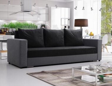 Kanapa z funkcją spania Mojito z pojemnikiem na pościel czarno-szary plusz