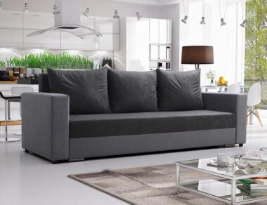 Kanapa z funkcją spania Mojito z pojemnikiem na pościel szary plusz