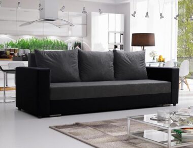 Kanapa z funkcją spania Mojito z pojemnikiem na pościel szary plusz z czarną ekoskórą