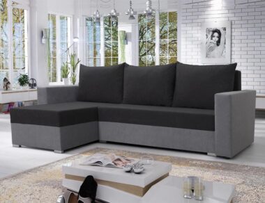 Narożnik z funkcją spania Mojito lewy L-kształtny z pojemnikiem na pościel czarno-szary plusz