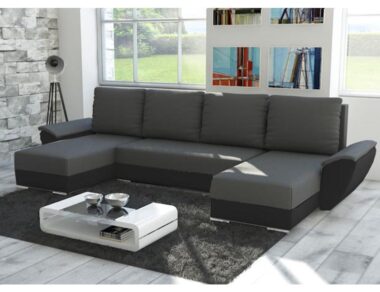 Narożnik z funkcją spania Fly U-kształtny z pojemnikiem na pościel szaro-czarny plusz