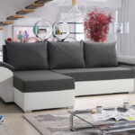 Narożnik z funkcją spania Fly lewy L-kształtny z pojemnikiem na pościel szara plecionka z białą ekoskórą