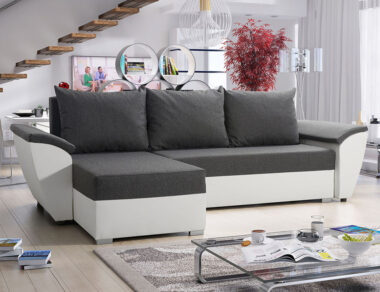 Narożnik z funkcją spania Fly lewy L-kształtny z pojemnikiem na pościel szara plecionka z białą ekoskórą