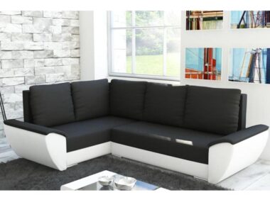 Narożnik z funkcją spania Fly L lewy z pojemnikiem na pościel czarno-biały plusz