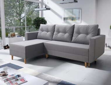 Narożnik z funkcją spania Baldur L-kształtny z pojemnikiem na pościel jasnoszara plecionka