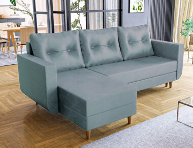 Narożnik z funkcją spania Baldur L-kształtny z pojemnikiem na pościel szary welur