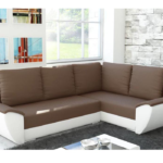 Narożnik z funkcją spania Fly L prawy z pojemnikiem na pościel brązowo-biały plusz