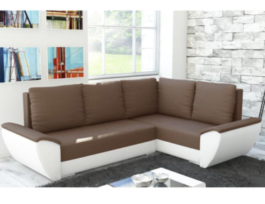 Narożnik z funkcją spania Fly L prawy z pojemnikiem na pościel brązowo-biały plusz