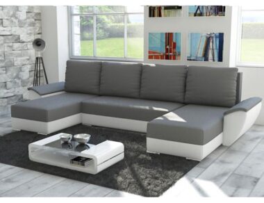 Narożnik z funkcją spania Fly U-kształtny z pojemnikiem na pościel szaro-biały plusz