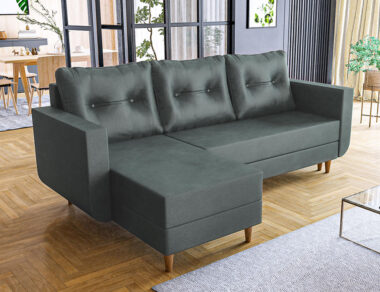 Narożnik z funkcją spania Baldur L-kształtny z pojemnikiem na pościel grafitowy welur