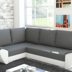 Narożnik z funkcją spania Fly L lewy z pojemnikiem na pościel szaro-biały plusz