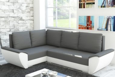 Narożnik z funkcją spania Fly L lewy z pojemnikiem na pościel szaro-biały plusz