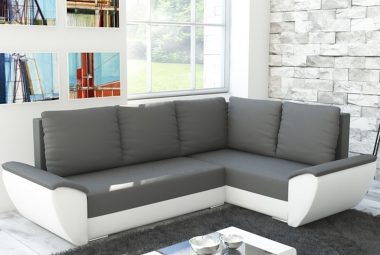 Narożnik z funkcją spania Fly L prawy z pojemnikiem na pościel szaro-biały plusz