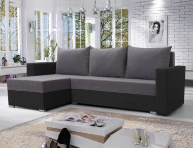 Narożnik z funkcją spania Mojito lewy L-kształtny z pojemnikiem na pościel szaro-czarny plusz
