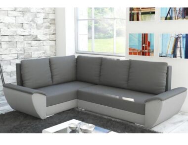 Narożnik z funkcją spania Fly L lewy z pojemnikiem na pościel szaro-szary plusz