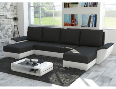 Narożnik z funkcją spania Fly U-kształtny z pojemnikiem na pościel czarno-biały plusz