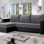 Narożnik z funkcją spania Mojito lewy L-kształtny z pojemnikiem na pościel szara plecionka z czarną ekoskórą