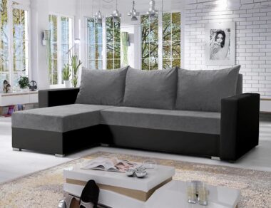 Narożnik z funkcją spania Mojito lewy L-kształtny z pojemnikiem na pościel szara plecionka z czarną ekoskórą