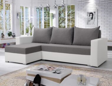 Narożnik z funkcją spania szaro- biały Mojito mocna tkanina sawana