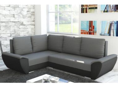 Narożnik z funkcją spania Fly L lewy z pojemnikiem na pościel szaro-czarny plusz