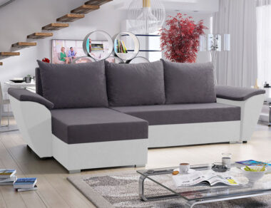 Narożnik z funkcją spania Fly lewy L-kształtny z pojemnikiem na pościel szaro-biały plusz