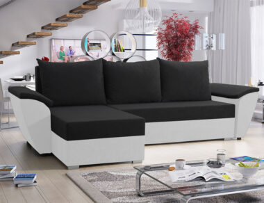 Narożnik z funkcją spania Fly lewy L-kształtny z pojemnikiem na pościel czarno-biały plusz