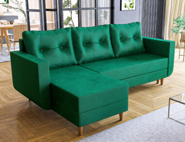 Narożnik z funkcją spania Baldur L-kształtny z pojemnikiem na pościel butelkowa zieleń welur