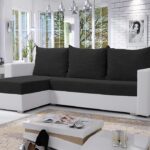 Narożnik z funkcją spania Mojito lewy L-kształtny z pojemnikiem na pościel czarna gruba plecionka z białą ekoskórą