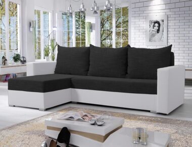 Narożnik z funkcją spania Mojito lewy L-kształtny z pojemnikiem na pościel czarna gruba plecionka z białą ekoskórą