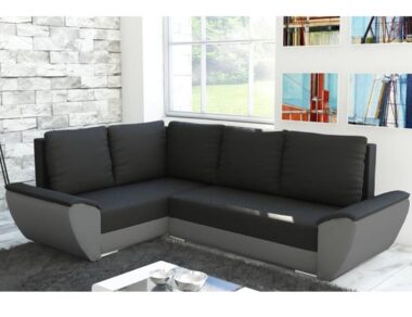 Narożnik z funkcją spania Fly L lewy z pojemnikiem na pościel czarno-szary plusz