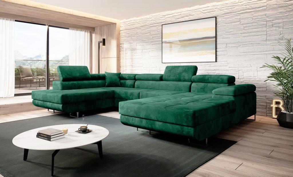 Welurowy narożnik U w kolorze butelkowa zieleń