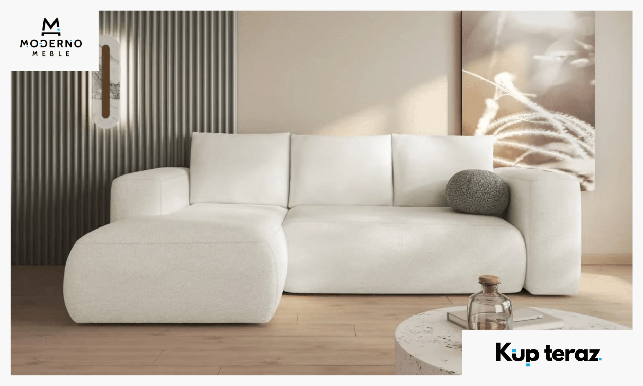 1. Kremowy lewostronny narożnik z funkcją spania Lambi w tkaninie bukla